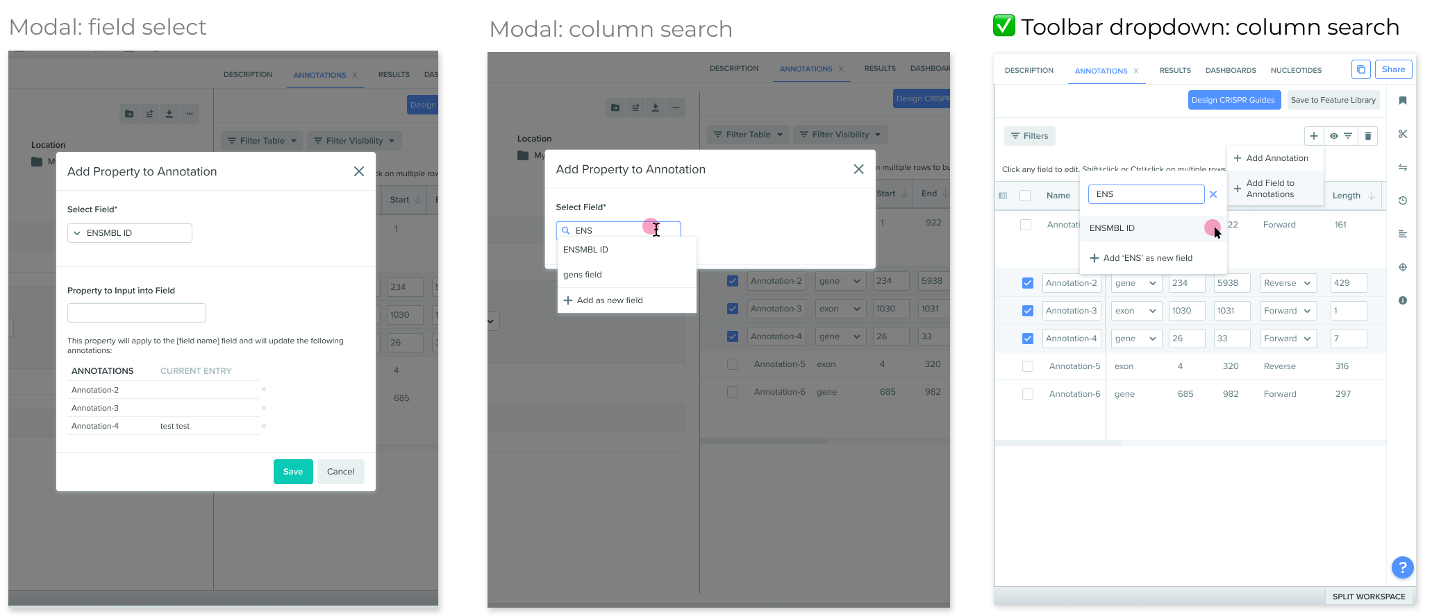 Three iteration screens showing ideas for how to add new custom field columns