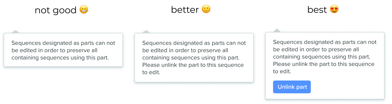 Three tooltip variants labeled Not Good, Better, and Best — each with progressively more useful copy and actions