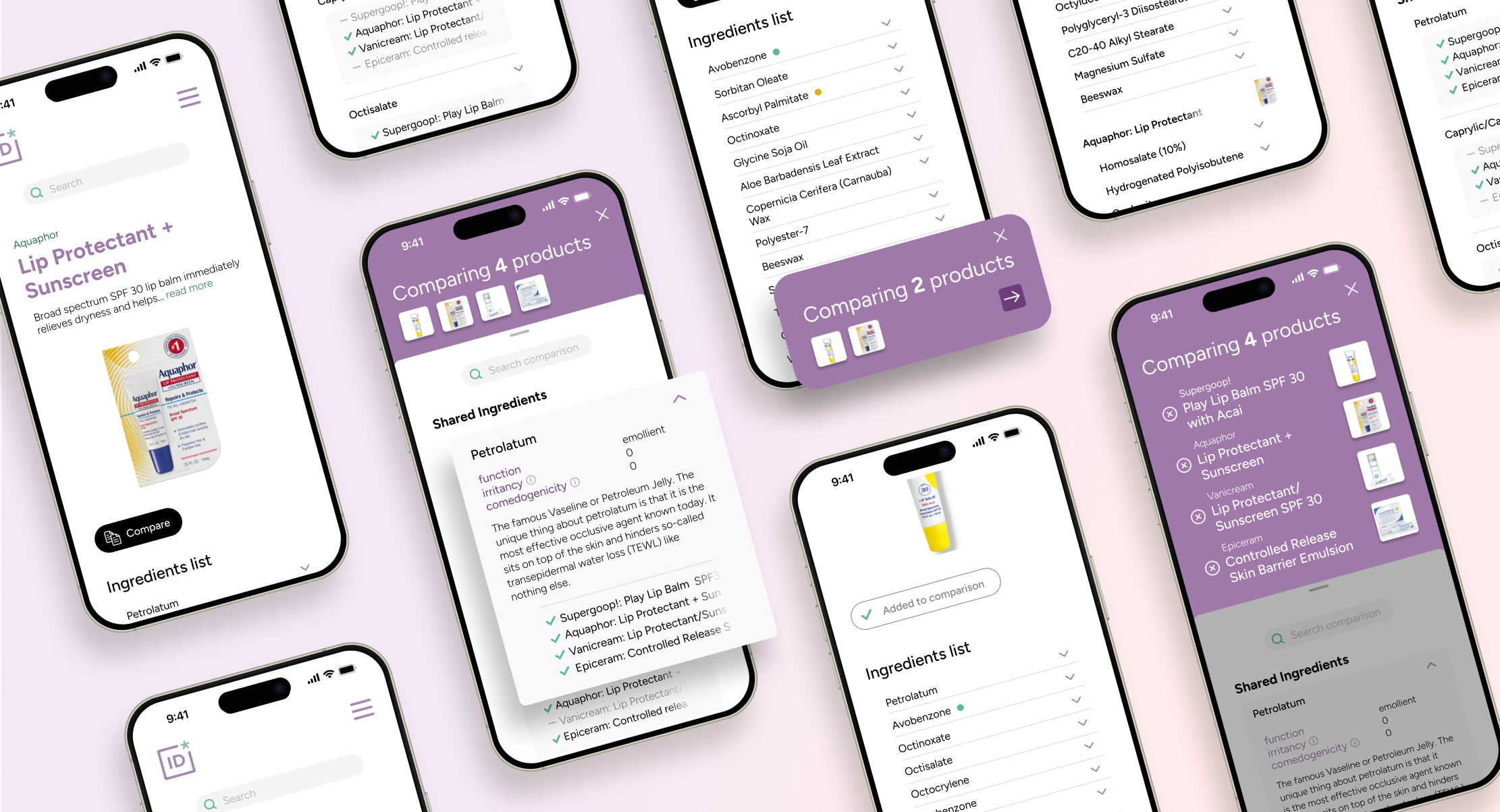 Multi-screen mockup of the skincare comparison feature