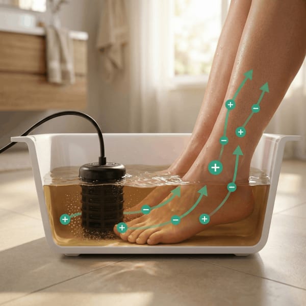 Ionic foot spa illustration showing ions moving through the body