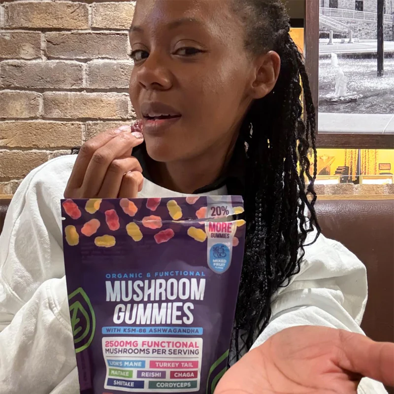 Happy customer with mushroom gummies
