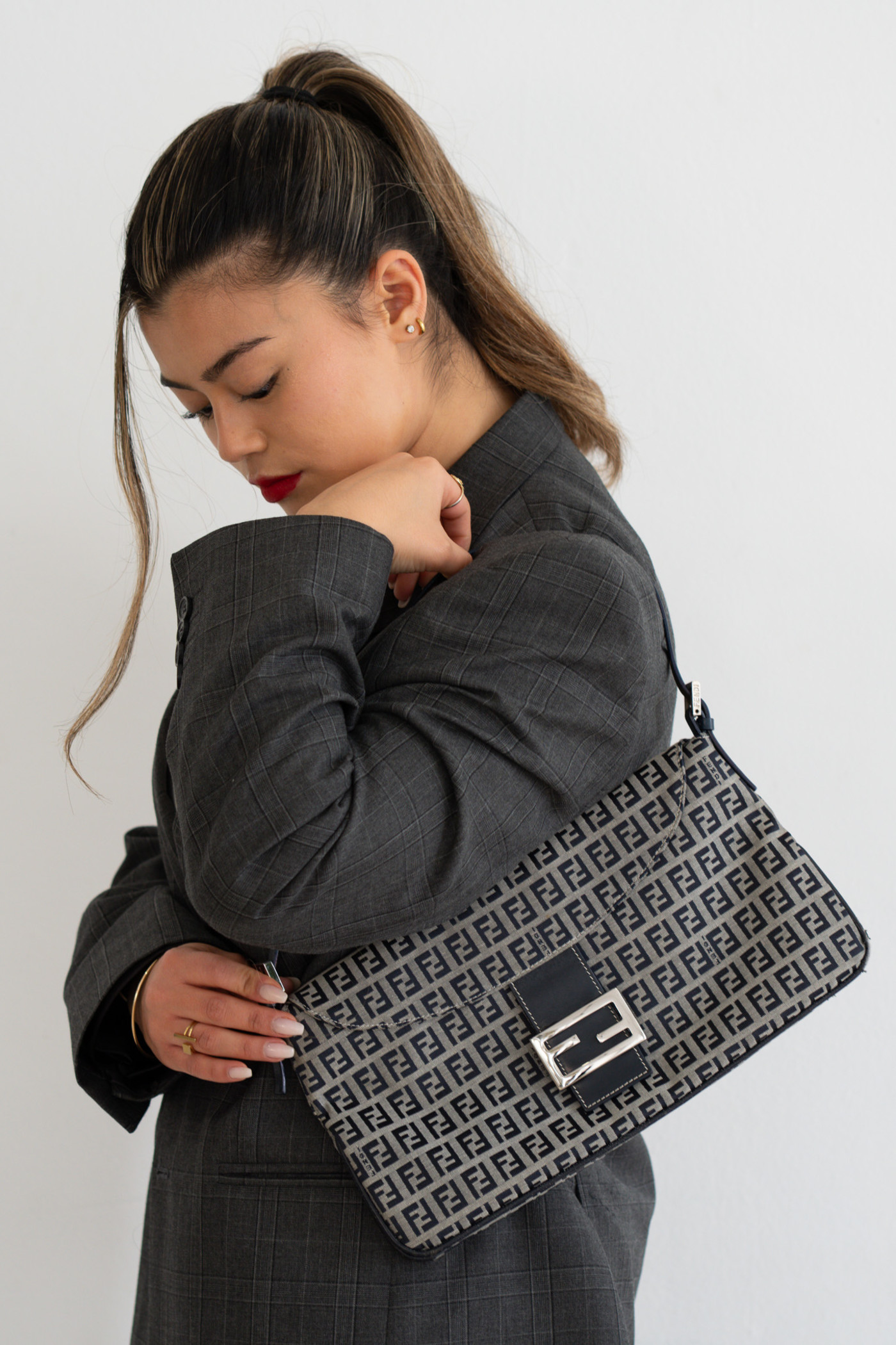 FENDI Zucchino Double Flap Baguette Bag Navy