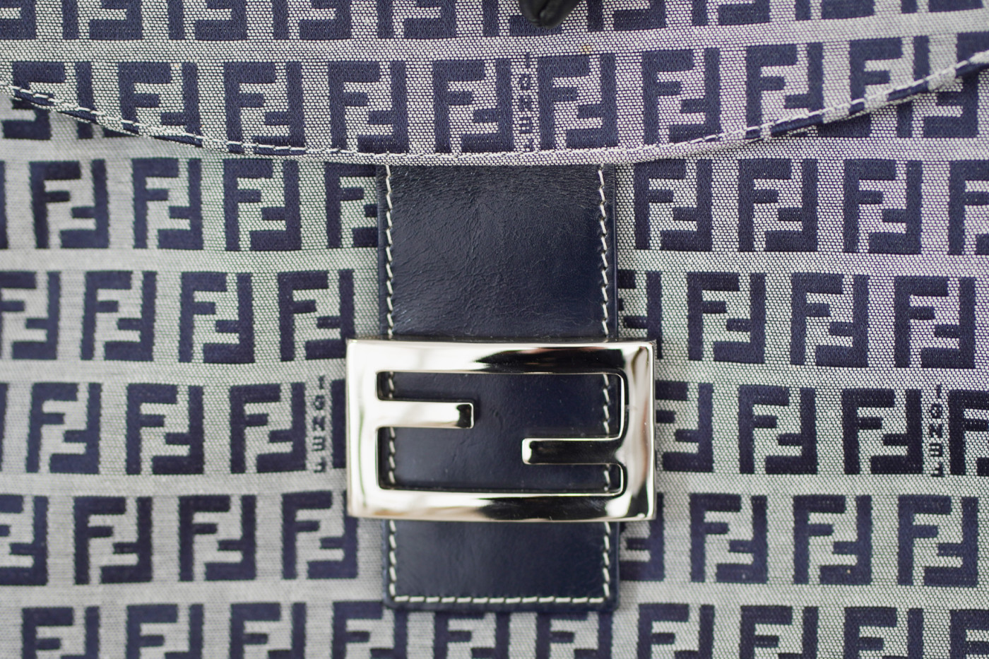 FENDI Zucchino Double Flap Baguette Bag Navy