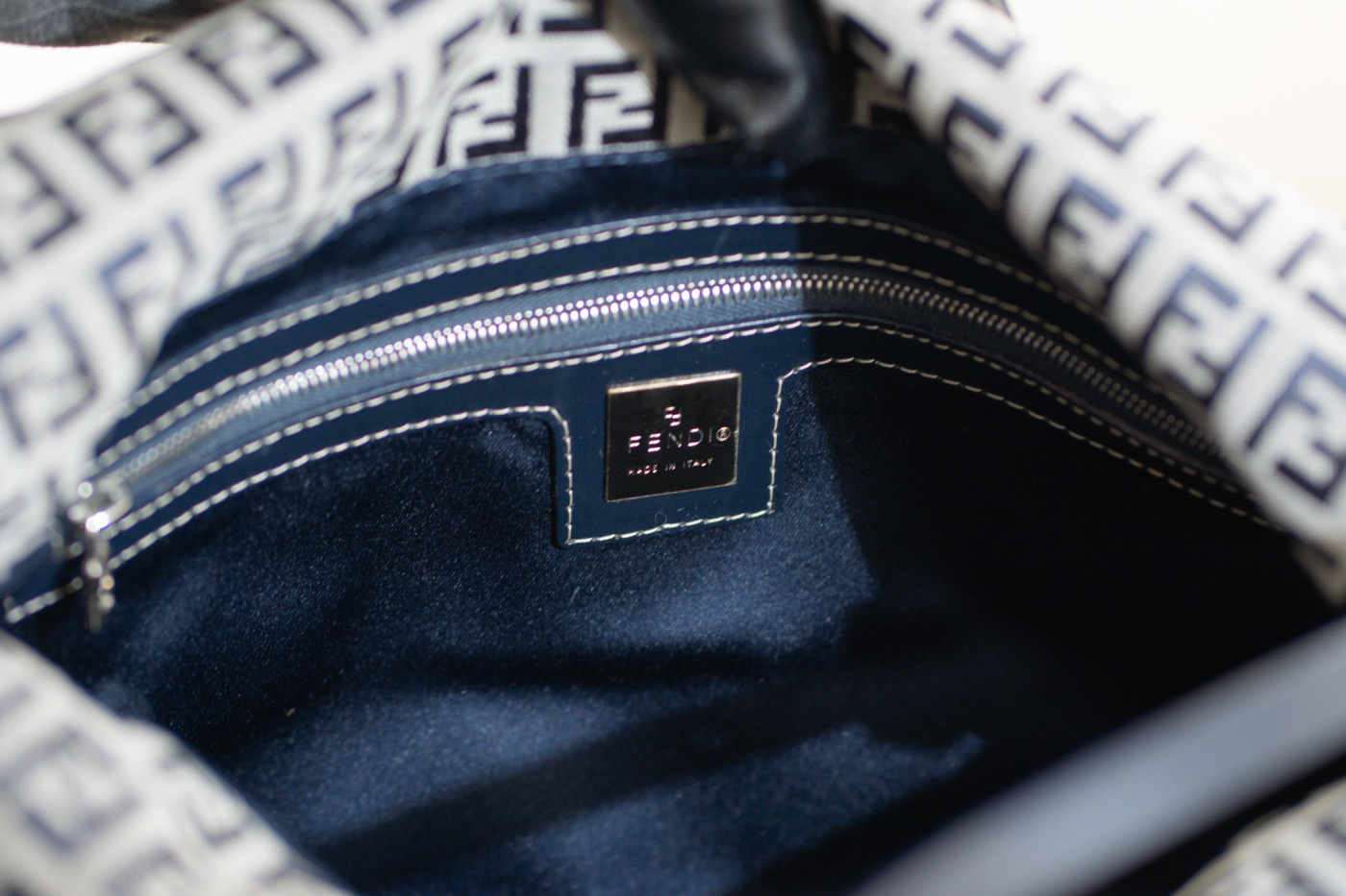 FENDI Zucchino Double Flap Baguette Bag Navy