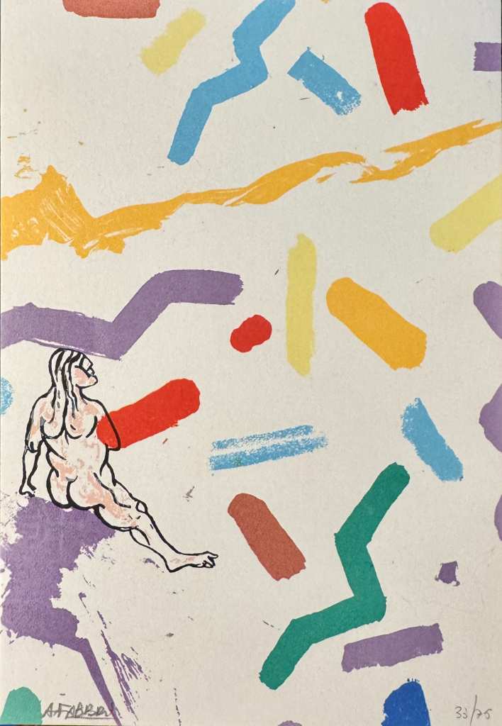Agenore Fabbri colour lithograph showing seated figure surrounded by abstract coloured signs, numbered 33 of 75, circa 1970-1