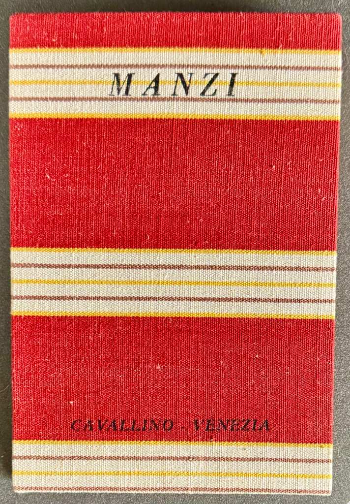 Red cloth binding with polychrome decorative bands of Il Sacro Animale by Giacomo Manzi, Edizioni del Cavallino 1966