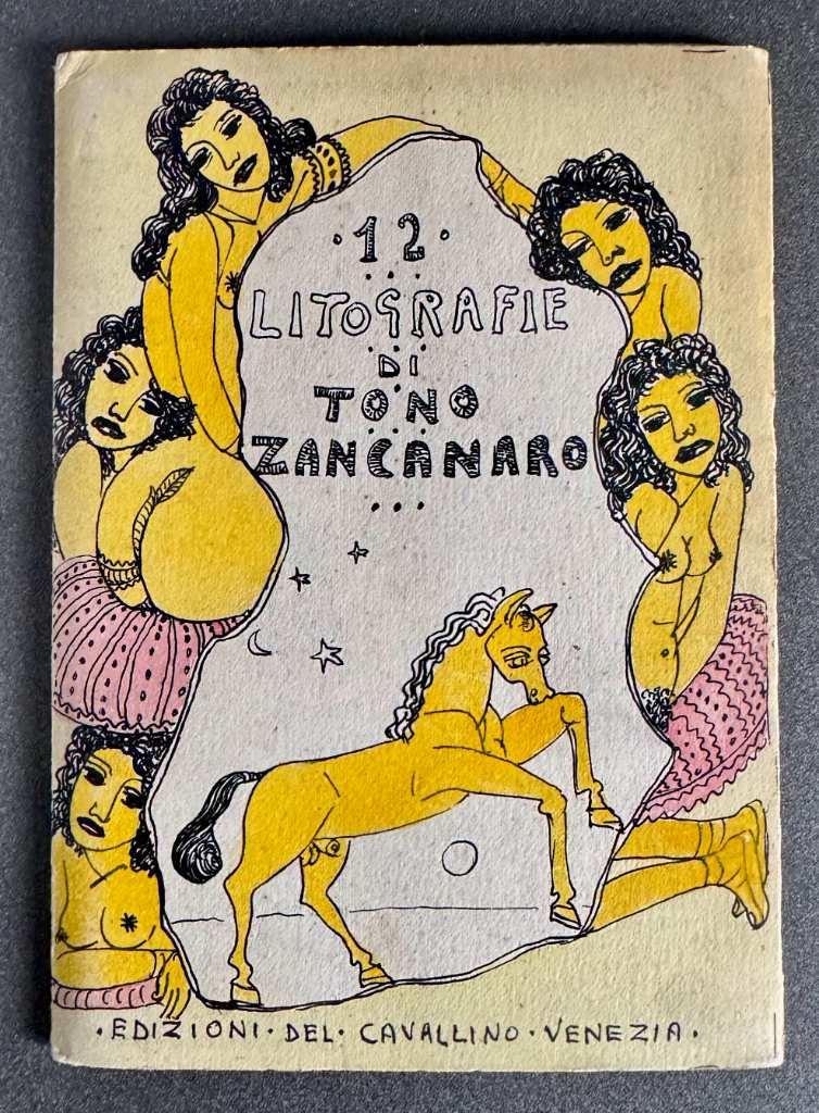Tono Zancanaro 1950 lithograph portfolio cover with female figures and stylised horse emblem from Stamperia del Cavallino Ven
