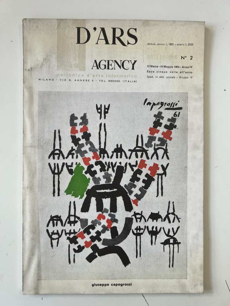 D'Ars Agency bulletin number 2 from 1963 with Giuseppe Capogrossi cover featuring archetypal fork-shaped signs in black red g