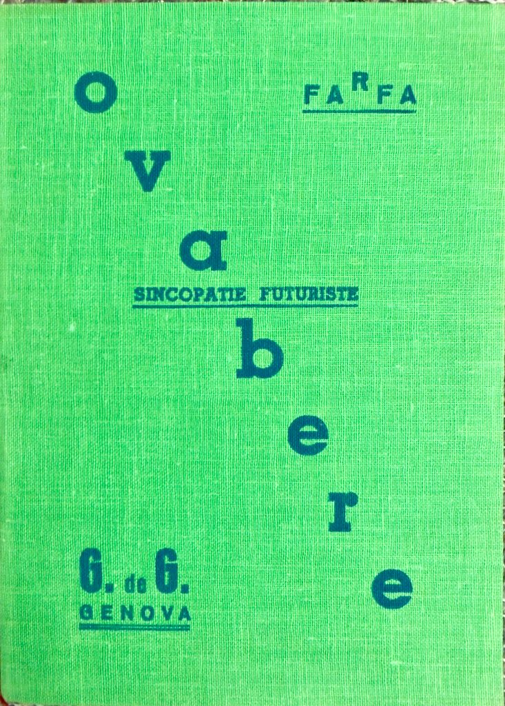 Green cloth binding of Farfa's Ovabere with diagonal blue Futurist typography and accompanying autograph note on personal let