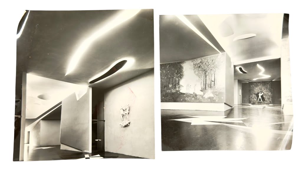 Vintage gelatin silver photograph by Farabola studio showing Lucio Fontana luminous neon ceiling installation at 1951 Milan T