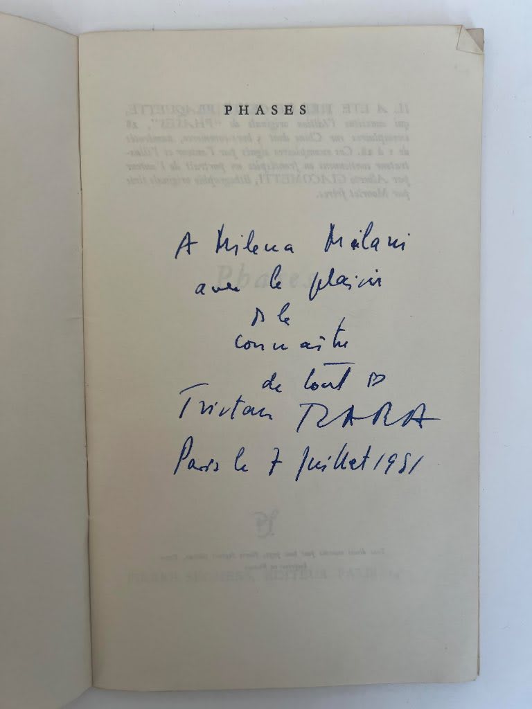 First edition of Phases by Tristan Tzara with original red label wrappers and autograph inscription to Italian writer Milena 