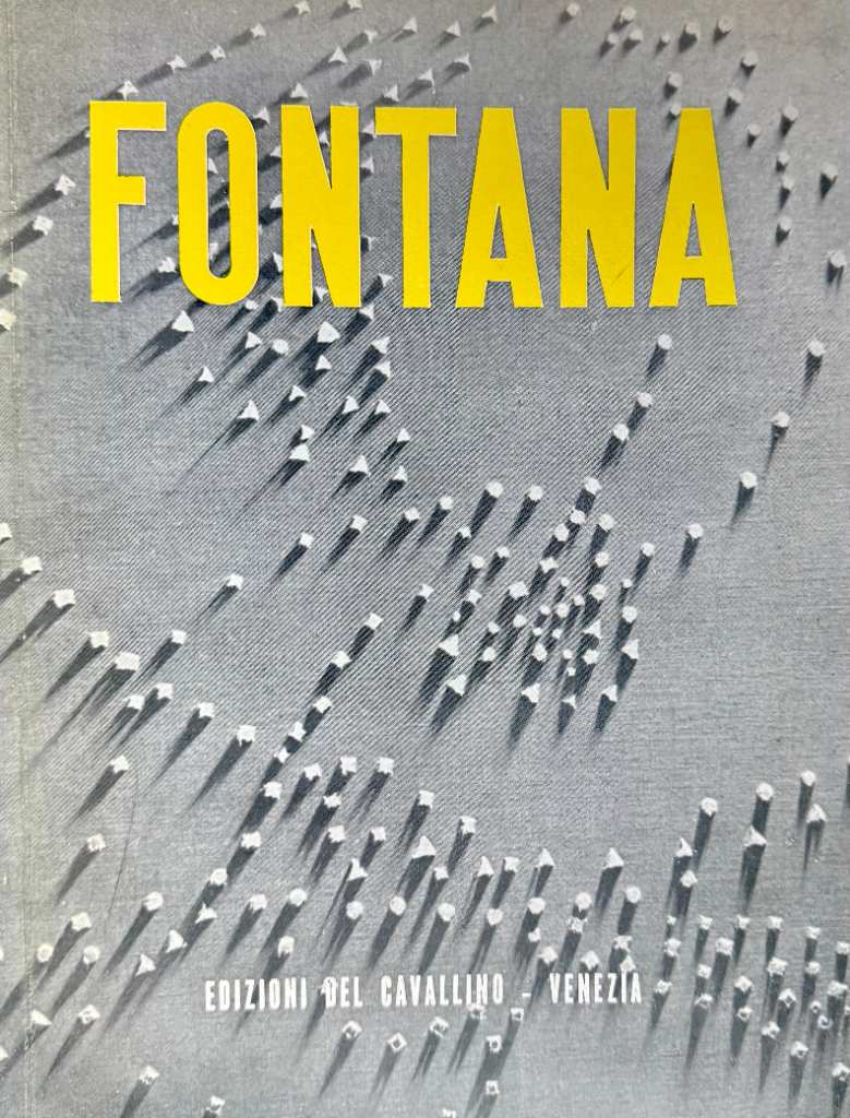 Grey and yellow screenprinted cover of 1953 Lucio Fontana monograph published by Edizioni del Cavallino Venice showing Concet