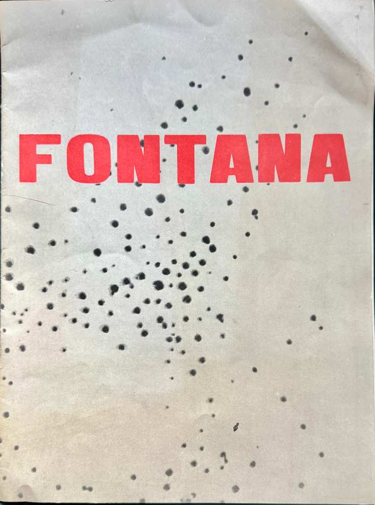 Cover of 1959 Lucio Fontana exhibition catalogue from Galleria L'Attico Rome showing iconic holes motif on grey-beige ground