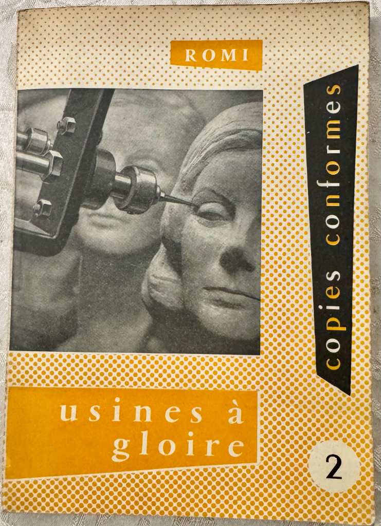 1953 French book cover with surrealist photomontage of mannequin heads and mechanical instruments on yellow polka-dot backgro