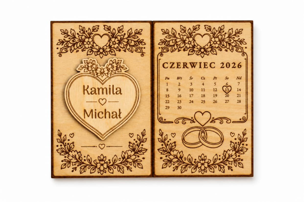 Drewniana kartka ślubna ze sklejki z sercem i kalendarzem, grawer laserowy