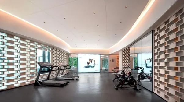 Hotel gym with planned equipment spacing and clear circulation