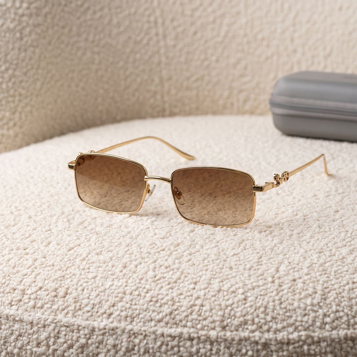 Cartier Gold-Tone Metal Rectangle Sunglasses with Floral Temple Detail - view 1