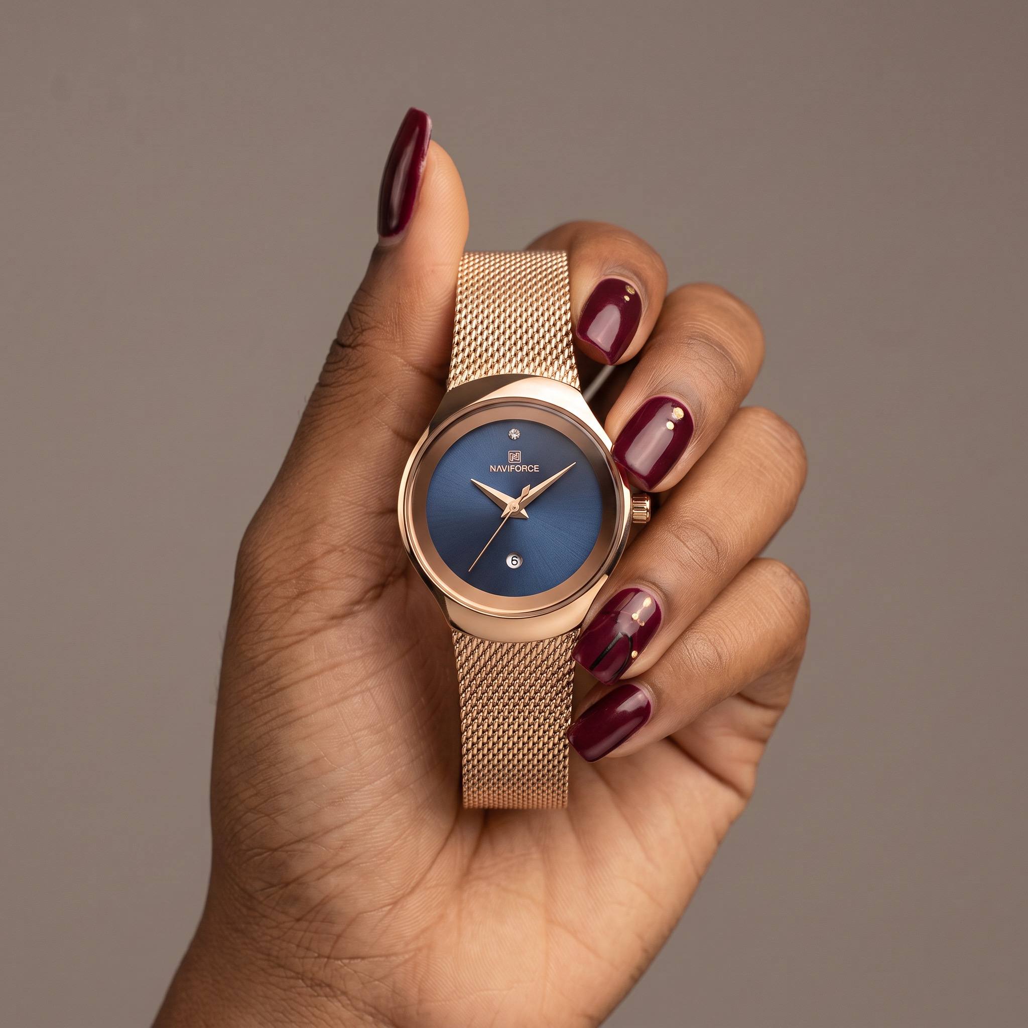 Naviforce Rose Gold Mesh Watch with Blue Dial view 1