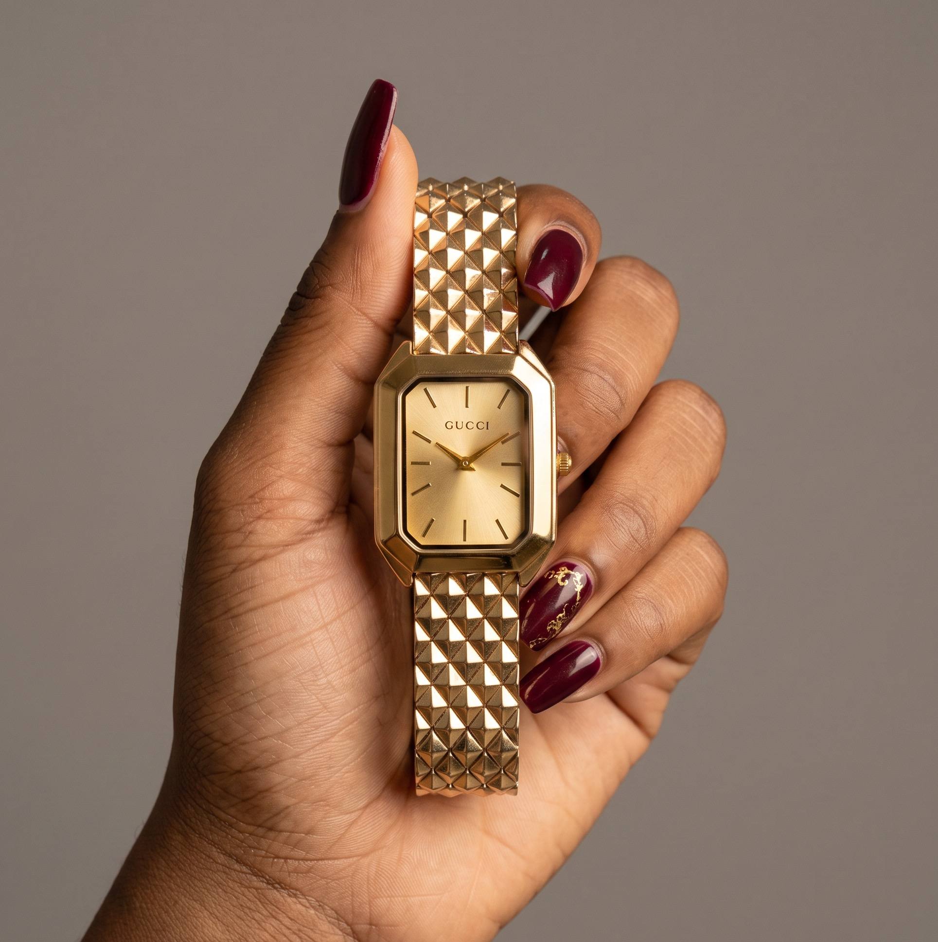 Gucci Gold-Tone Rectangular Watch with Pyramid-Stud Bracelet
