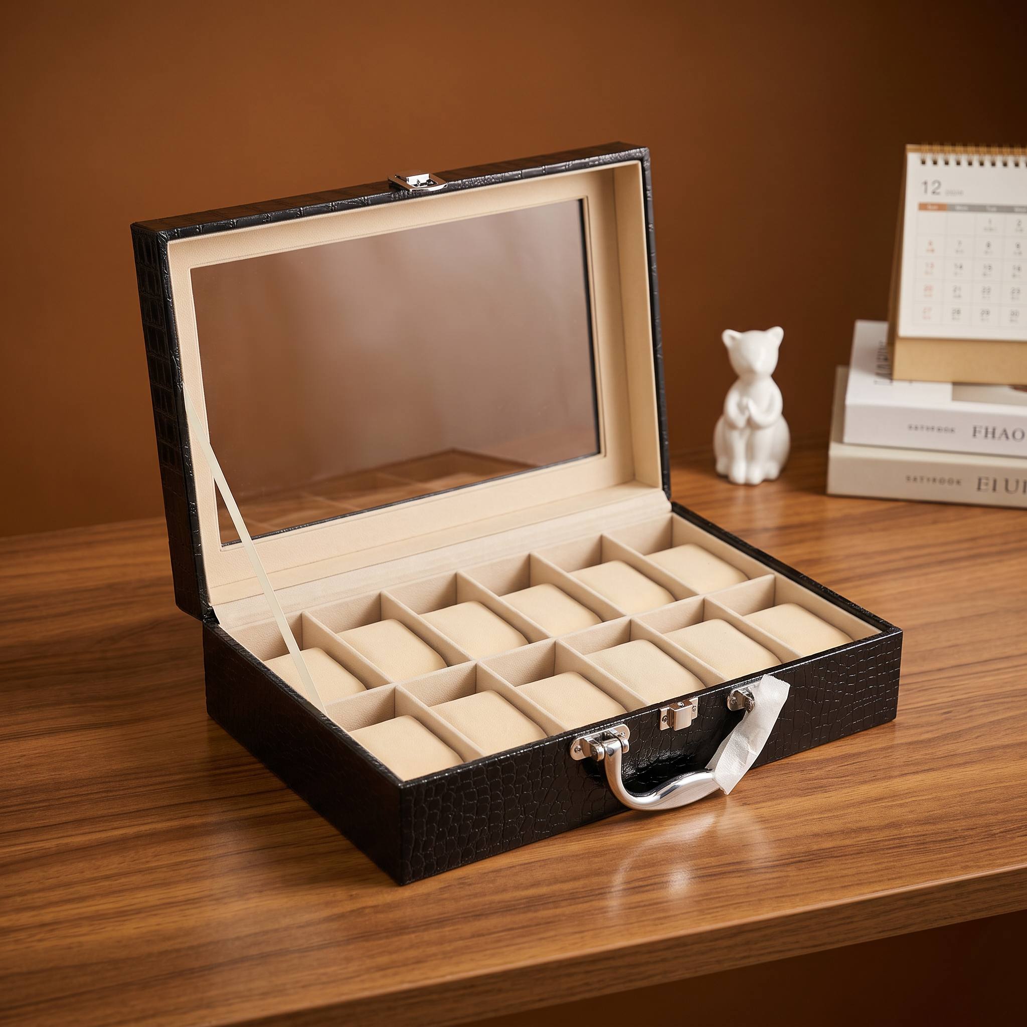 LEATHER WATCH BOX 12SLOTS Black