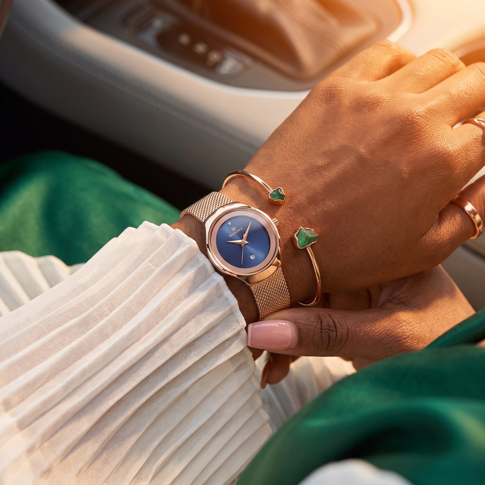 Naviforce Rose Gold Mesh Watch with Blue Dial view 2