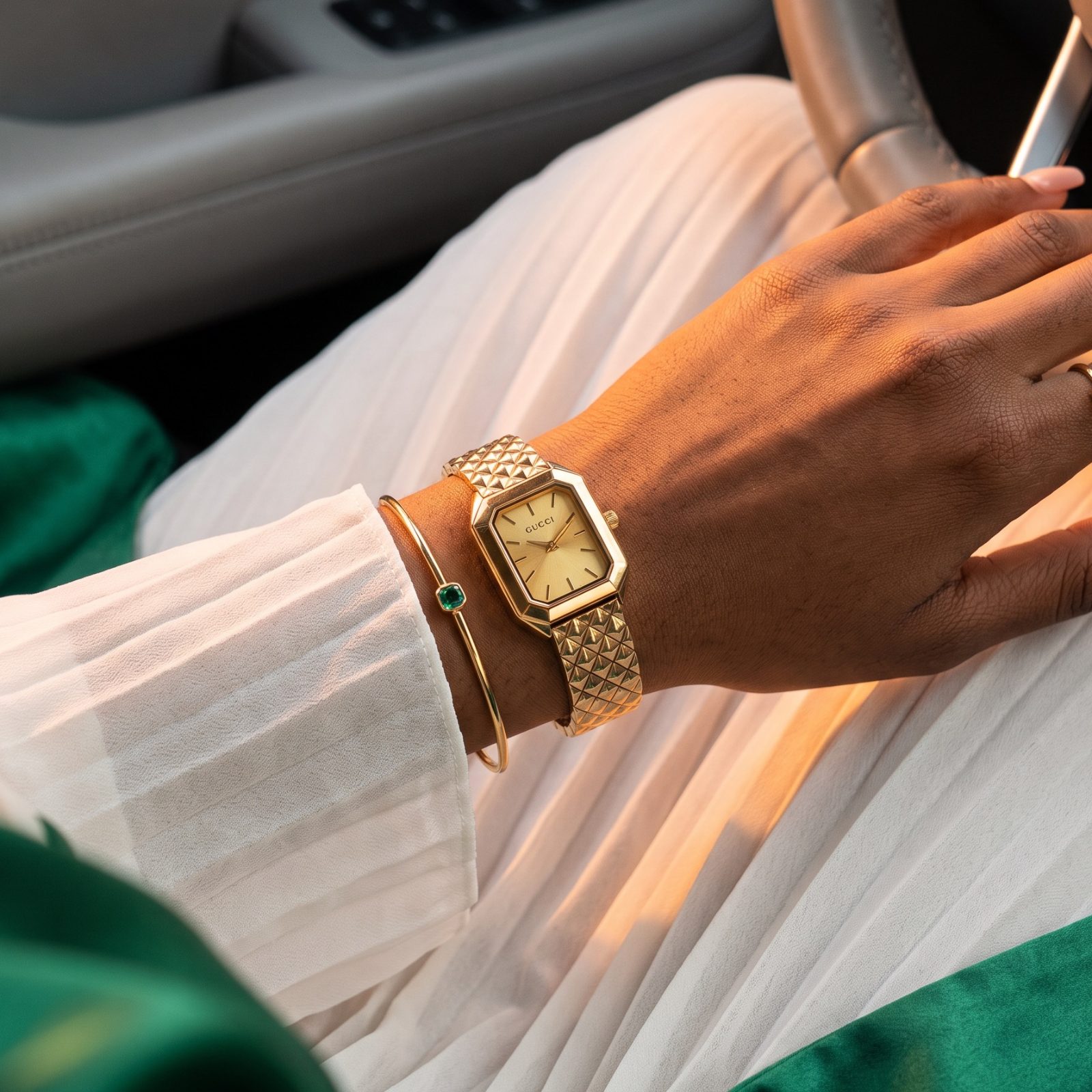 Gucci Gold-Tone Rectangular Watch with Pyramid-Stud Bracelet view 2