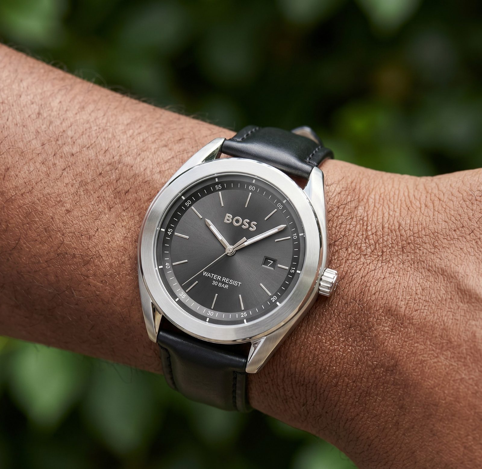 BOSS Grey Dial Leather Strap Watch view 2