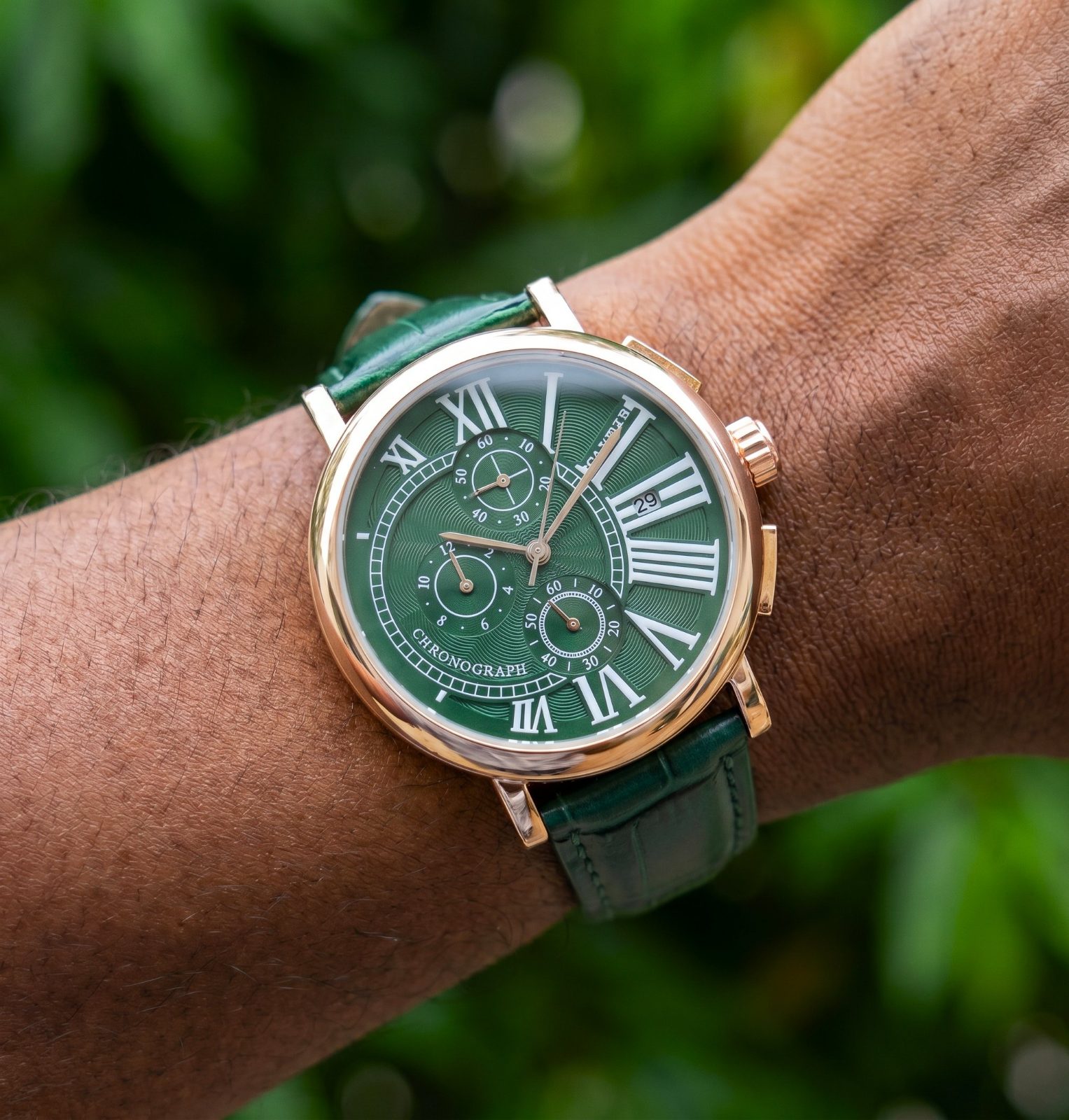 Cartier Chronograph Rose Gold Green Dial view 2