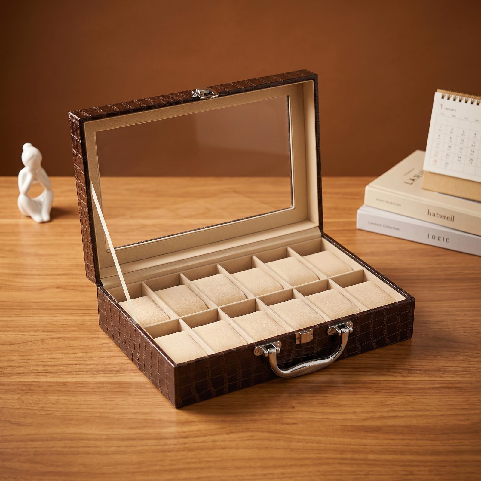Brown Croc-Embossed Leather Watch Storage Case