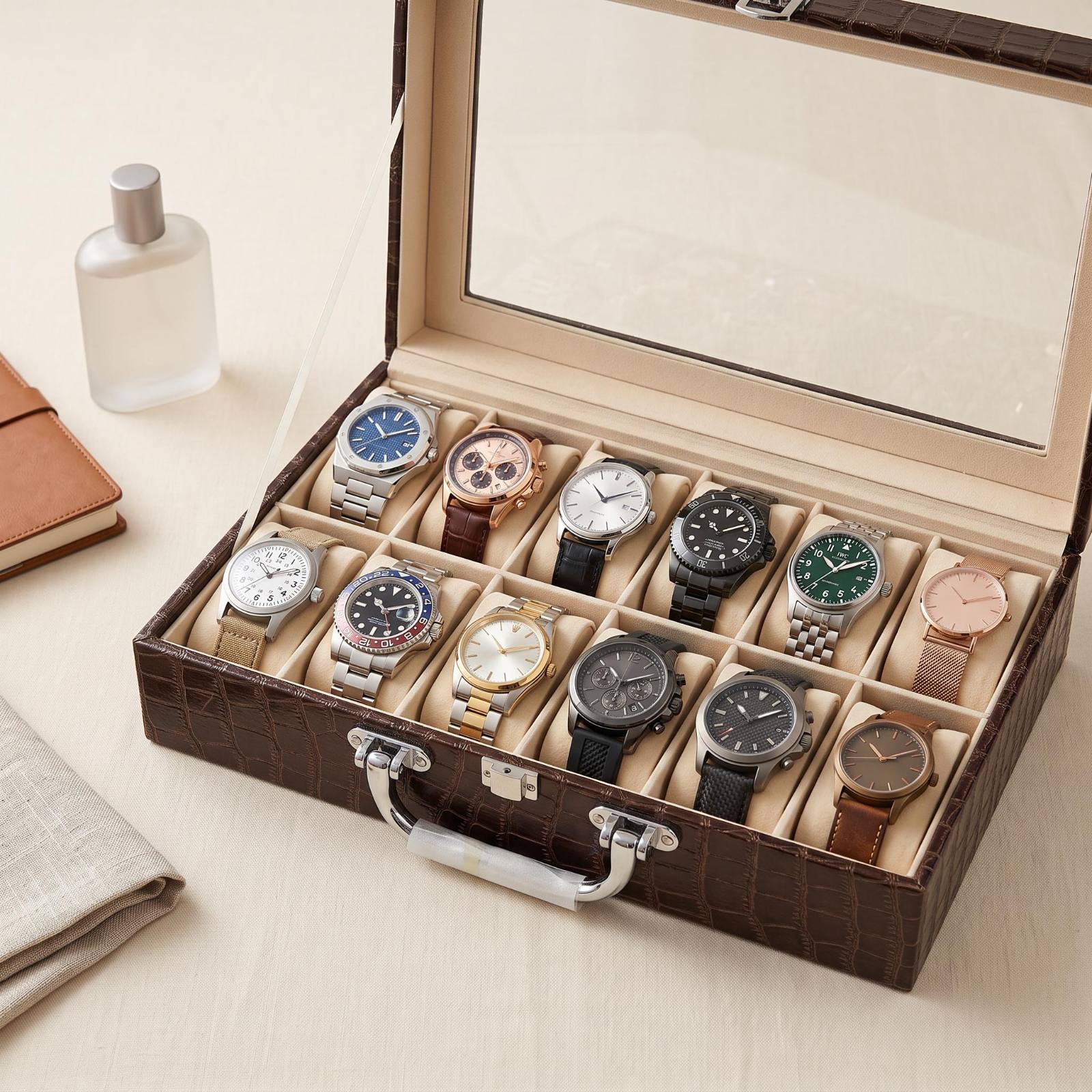 Brown Croc-Embossed Leather Watch Storage Case view 2