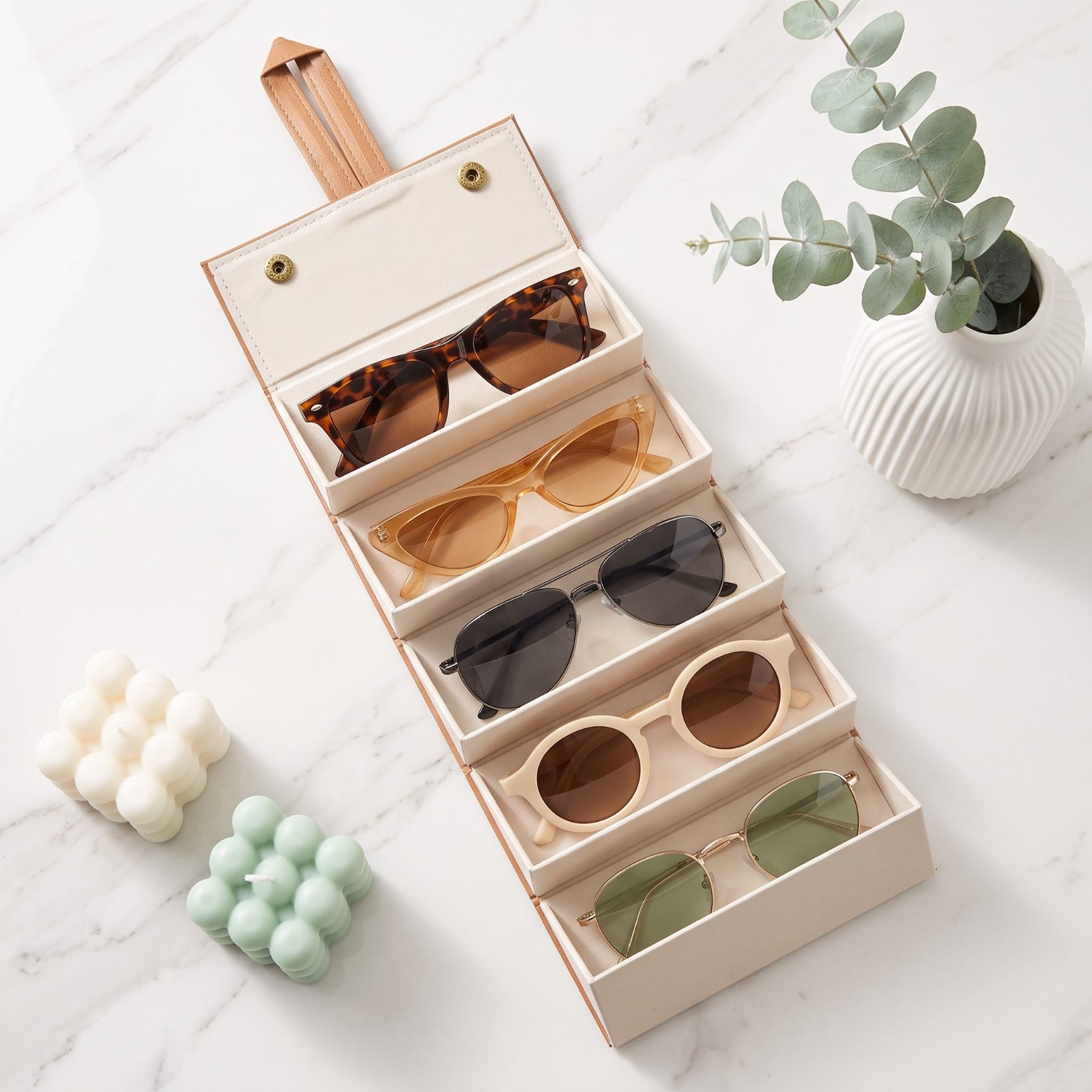 Tan Leather Roll-Up Sunglasses Travel Case view 2
