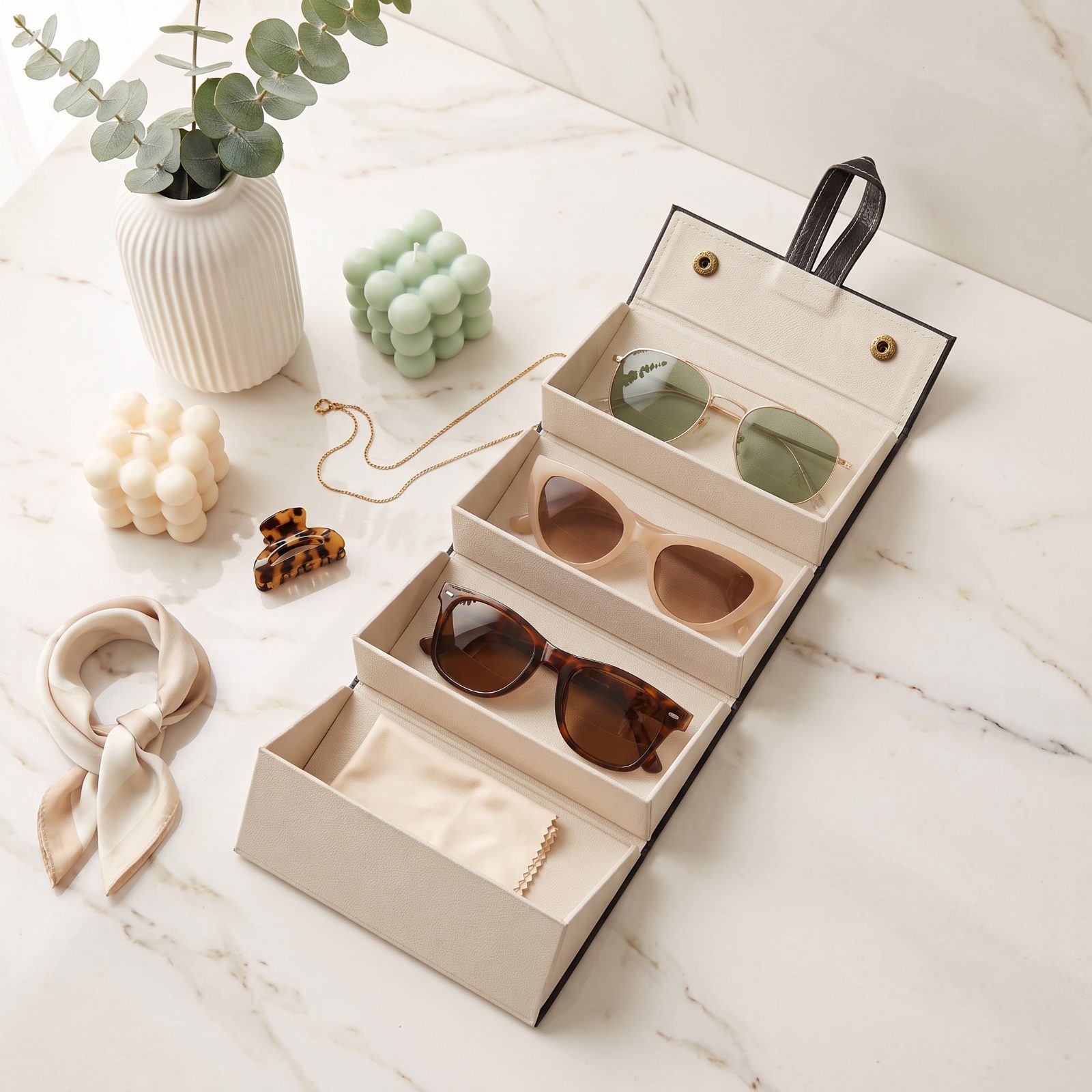 4 SLOTS Tan Leather Roll-Up Sunglasses Travel Case view 2