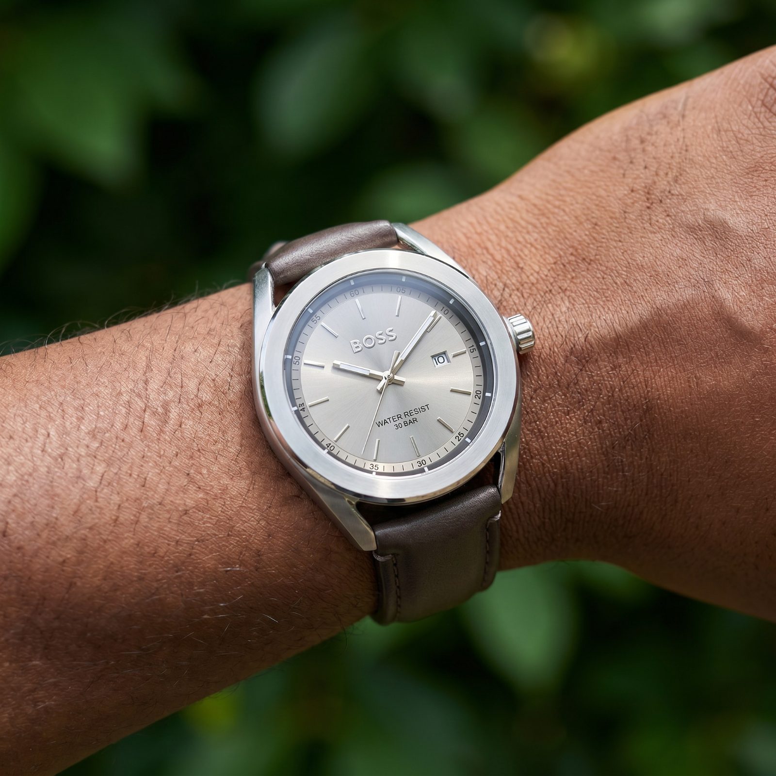BOSS Silver-Tone Stainless Steel Watch with Brown Leather Strap view 2