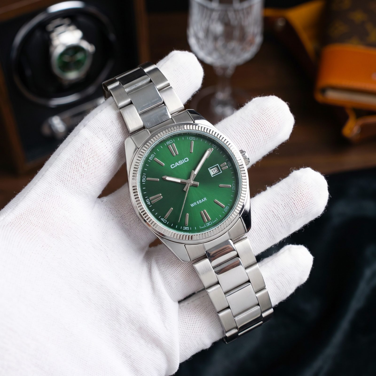 Casio MTP-1302 Green Dial Stainless Steel Watch
