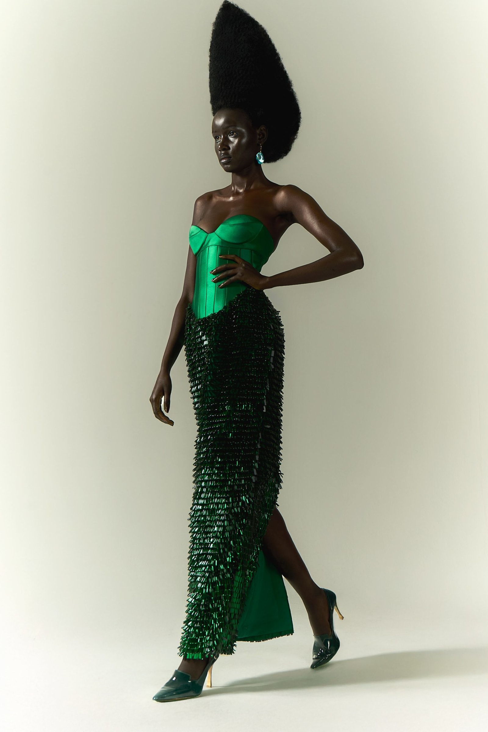 Dress by GEORGES HOBEIKA, shoes by GEORGES HOBEIKA, jewelry by ALEXIS BITTAR