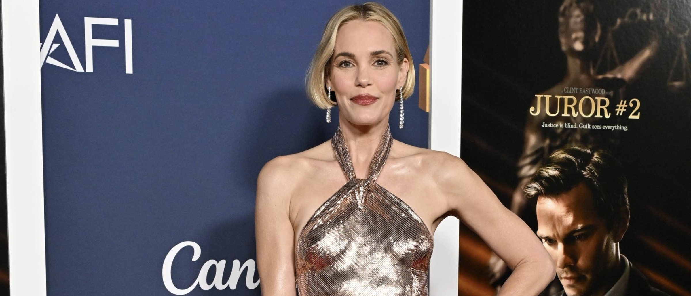 Leslie Bibb Stuns on the Red Carpet in Metallic Rabanne at ‘Juror #2’ Screening