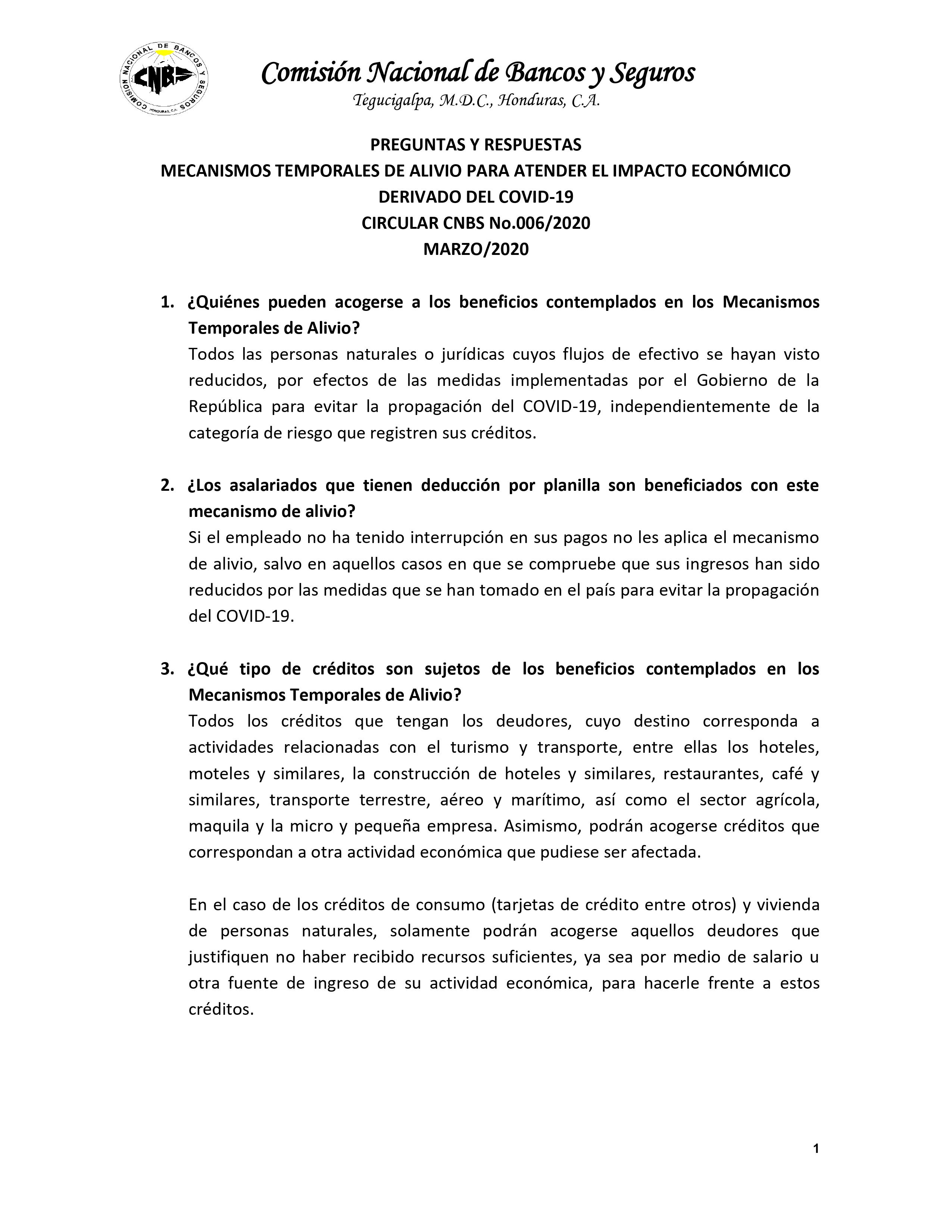 Plan de Alivio COVID19 CNBS Pagina 1 de 4