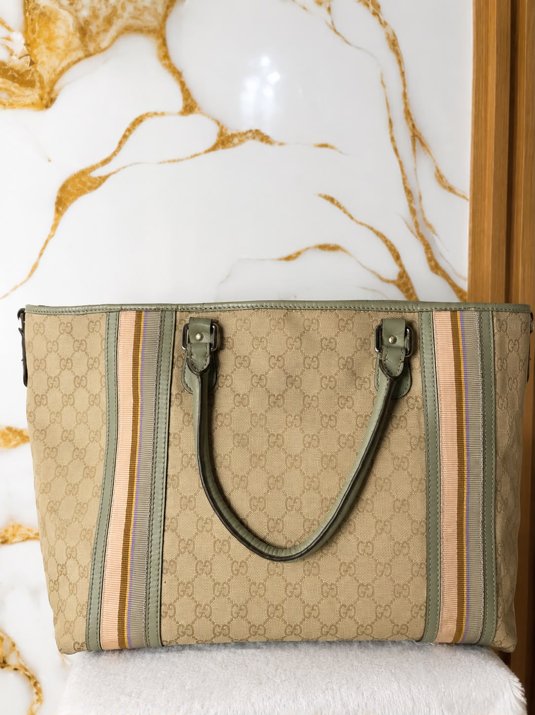 Tas Gucci GG Canvas Web Strap Tote Bag sage green leather trim