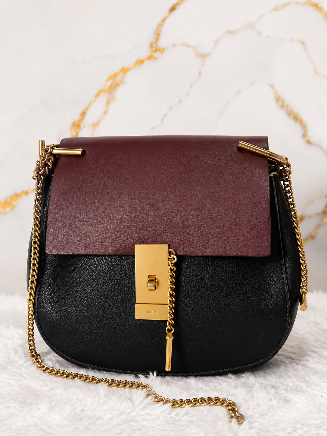 Chloé Drew Shoulder Bag (Two-Tone Burgundy/Black)