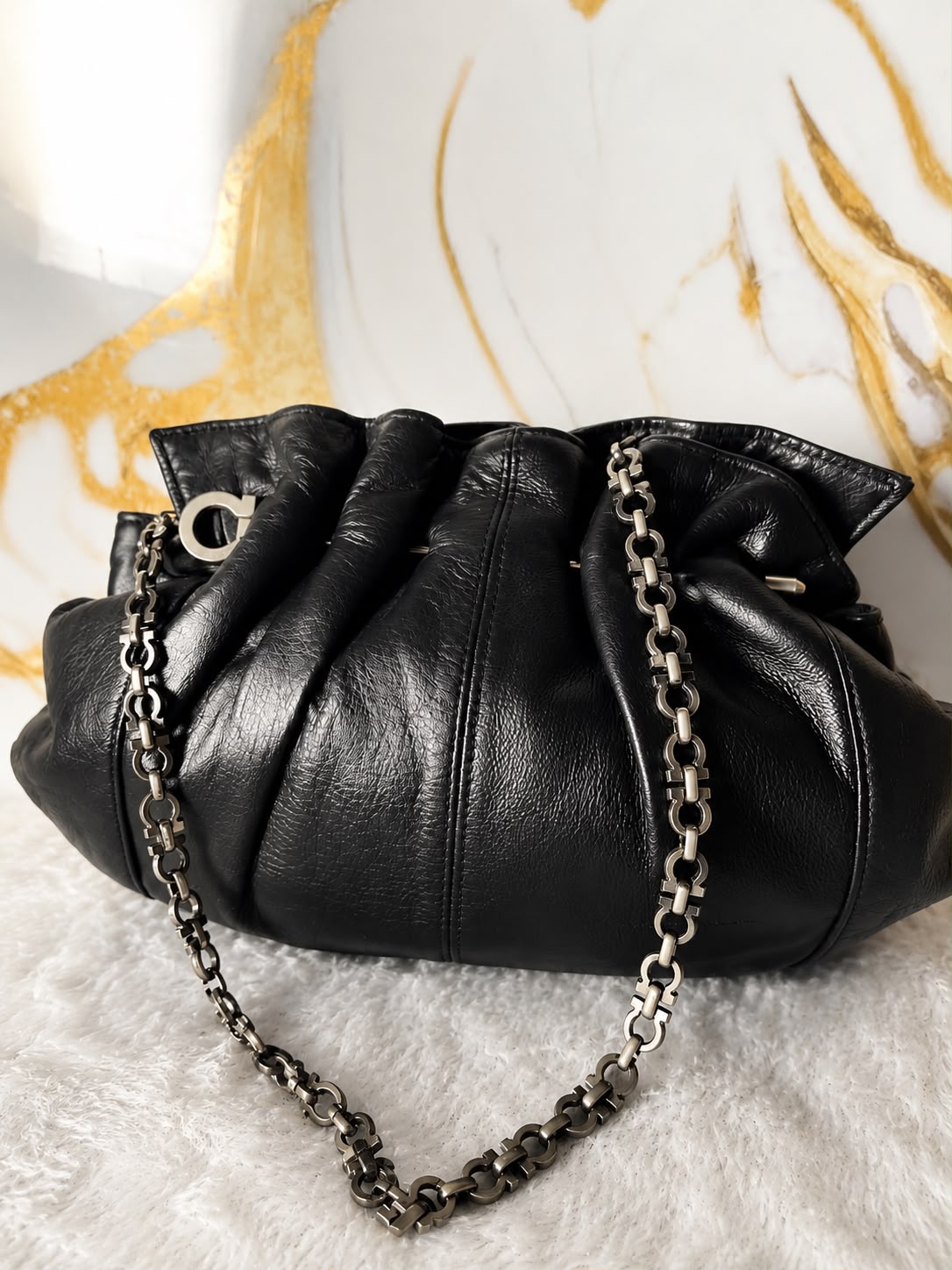 Salvatore Ferragamo Ruched Gancini Chain Shoulder Bag