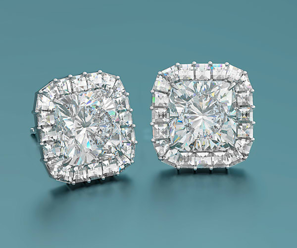Cushion cut diamond stud earrings with Blaze® halo frame by Bez Ambar