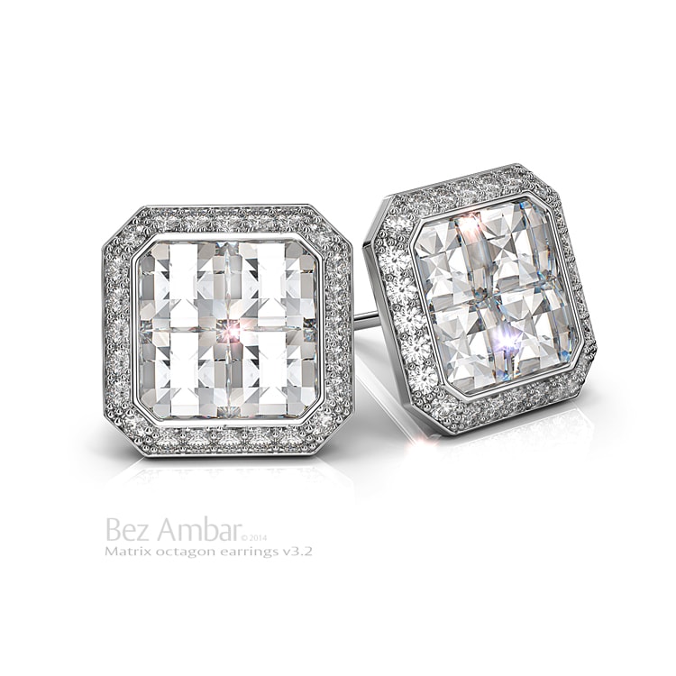 Platinum diamond stud earrings with Blaze® cut diamond frame by Bez Ambar