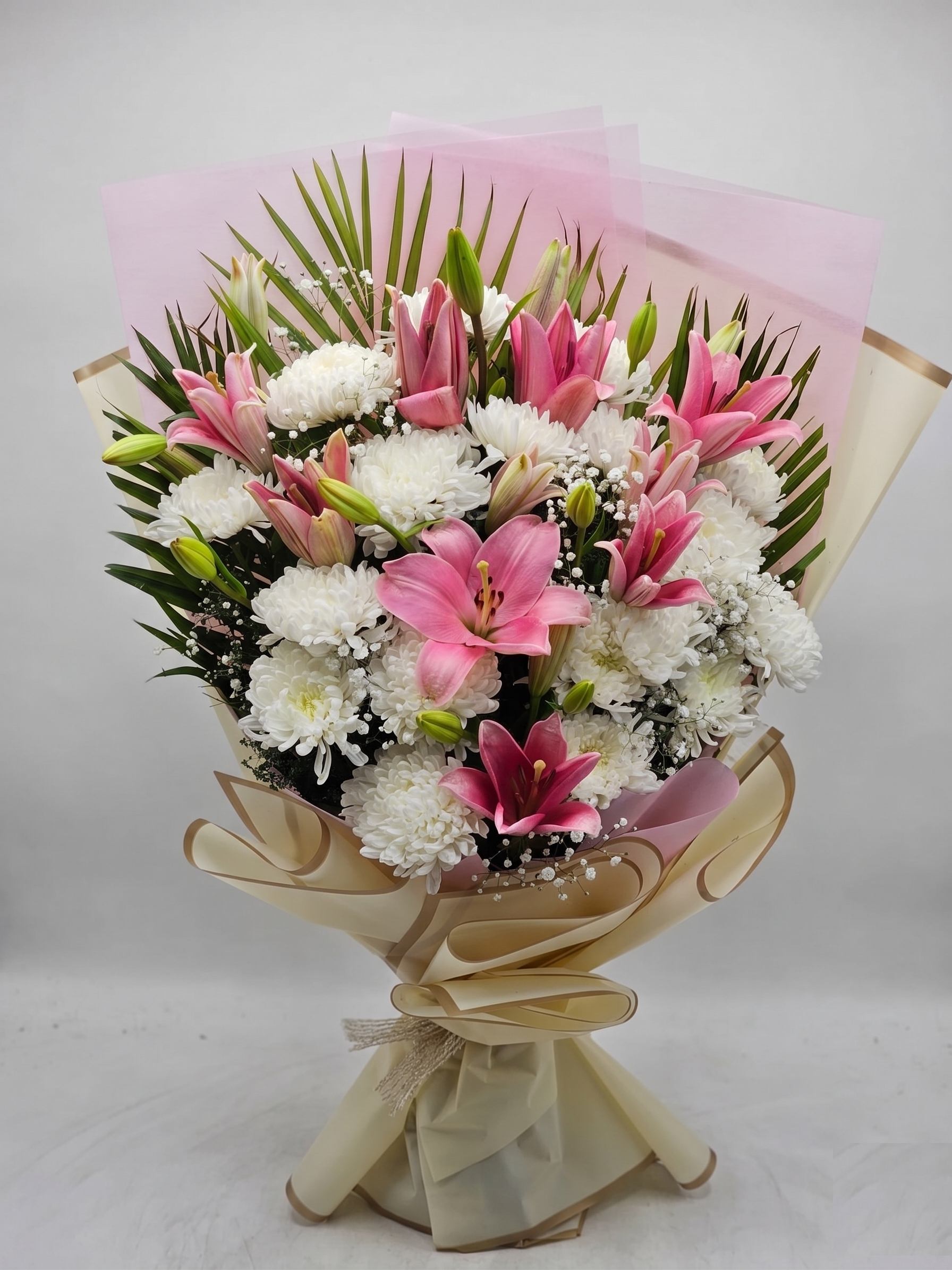 Celestial Lilies & Mum Grandeur — Fresh Bouquet Delivery Ghaziabad Rose n Petals