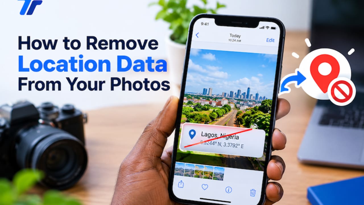A person holding a smartphone displaying a photo with GPS location data crossed out, illustrating how to remove location data and GPS metadata from photos.