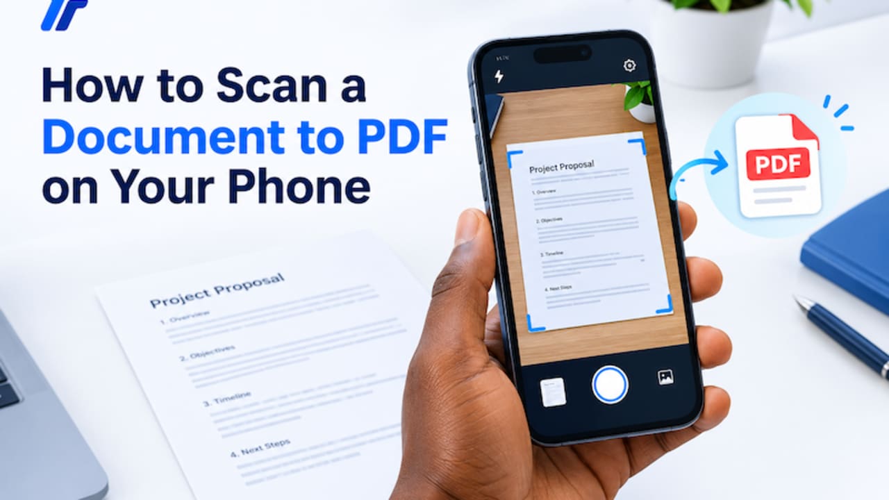 A person using a smartphone to scan a document, with a PDF icon illustrating how to convert paper documents to PDF on your phone.