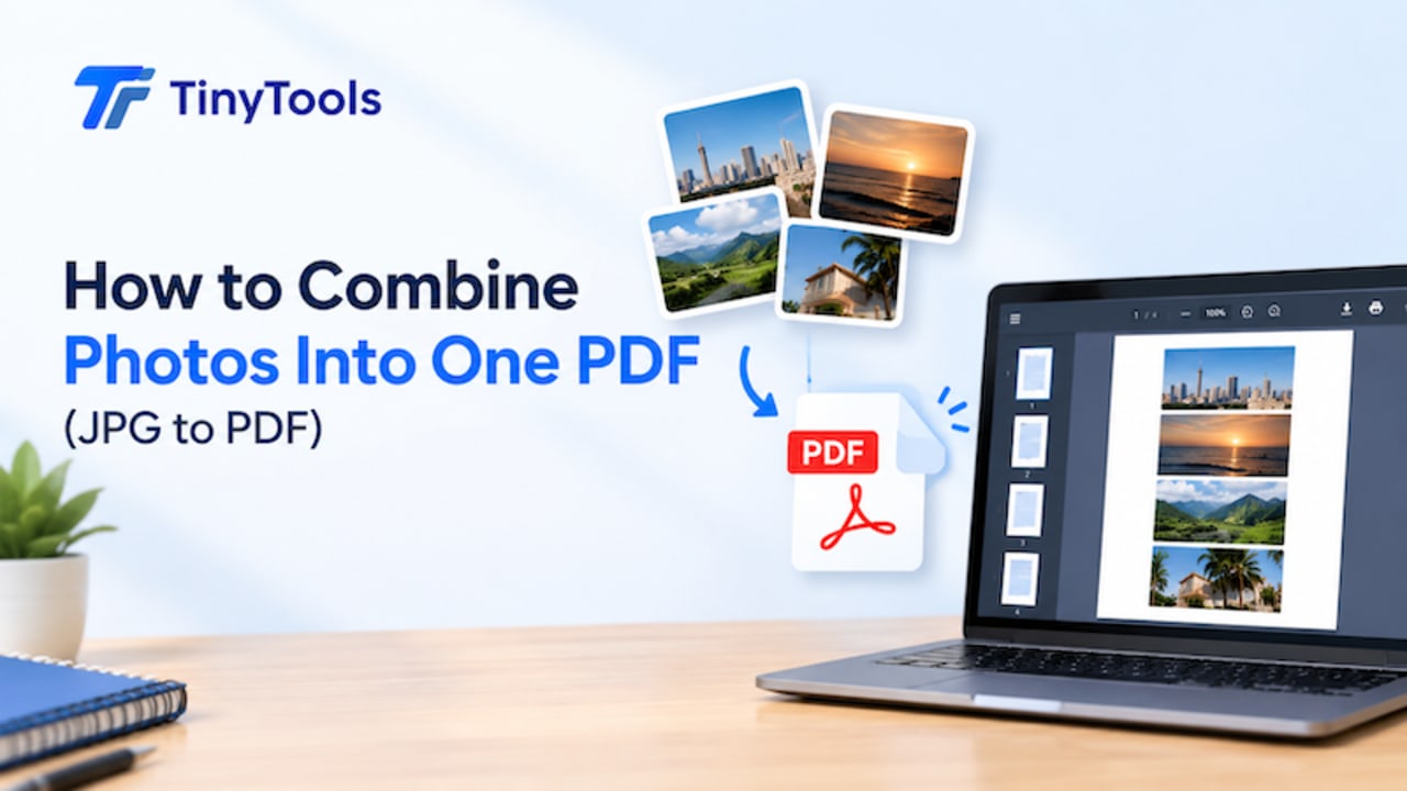 TinyTools guide showing how to combine multiple JPG photos into a single PDF document, with photo thumbnails, a PDF file icon, and a laptop displaying the completed PDF.