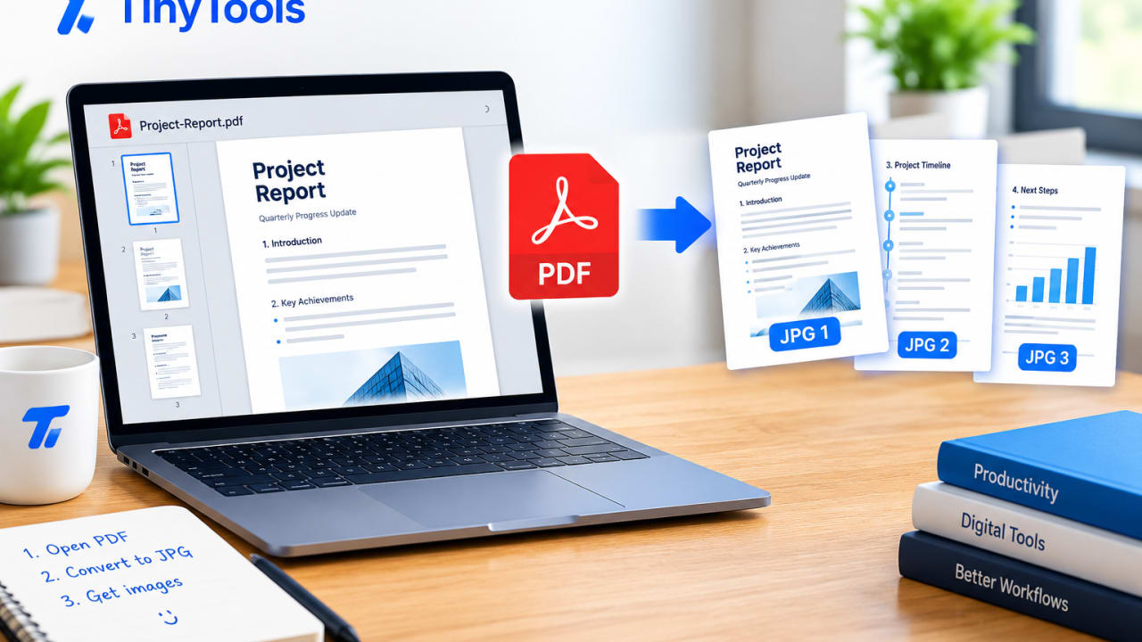 PDF document on a laptop screen fanning out into separate JPG images, one image for each page of the PDF.