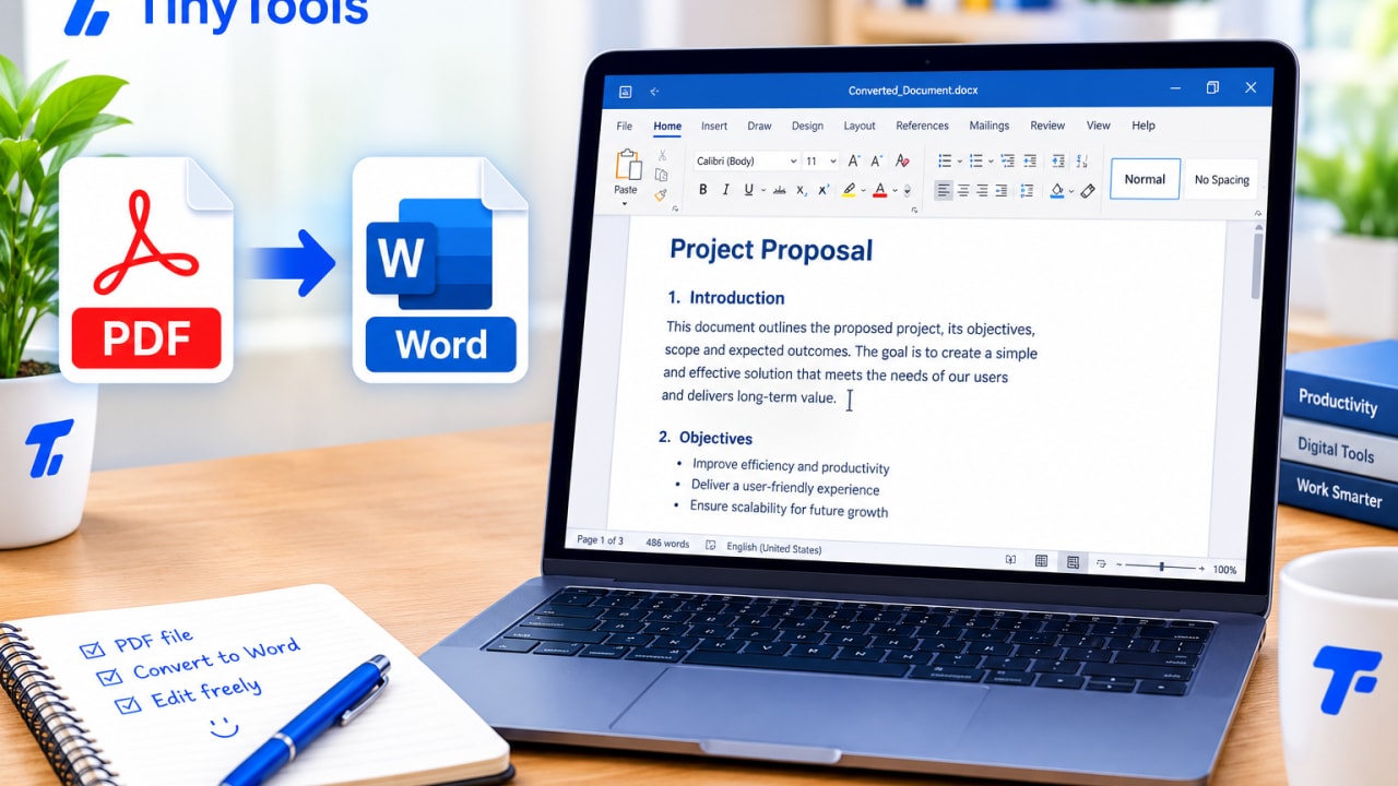 PDF file converting into an editable Word document on a laptop, with a text cursor editing a paragraph in the converted file.