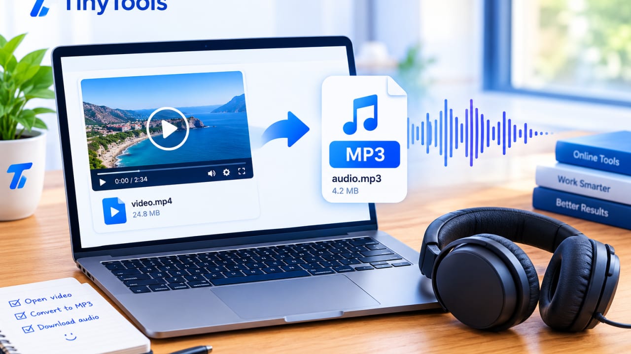 Video file on a laptop screen turning into an MP3 audio file with a sound waveform, headphones resting beside the keyboard.