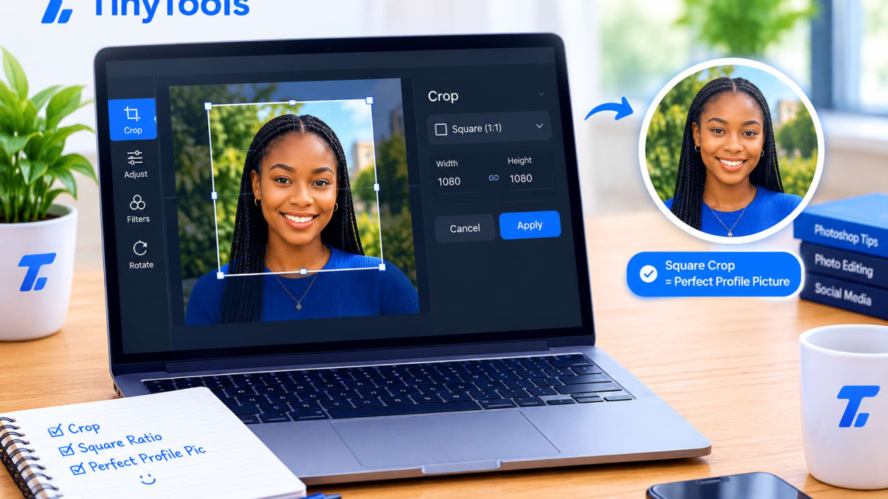 Portrait photo with a square crop frame over the face on a laptop screen, beside the finished round profile picture.